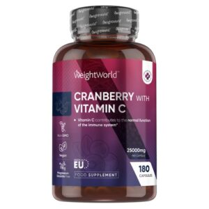 Tranebær-kapsler med C-vitamin 25000mg, 180 kapsler - Tranebær til urinvejene