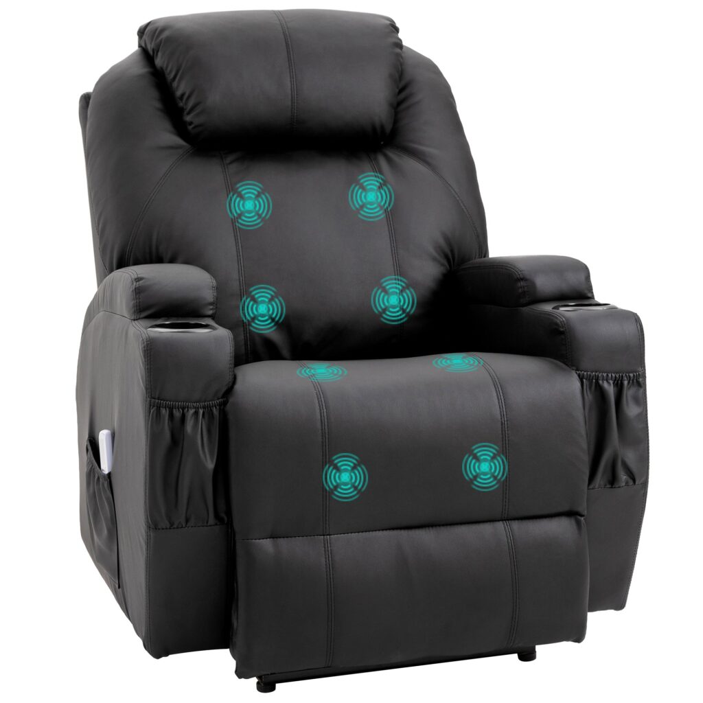 Massagestol elektrisk afslappende stool tv stool massagefunktion lænefunktion tv stool med 2 sidelommer og kopholder kunstlæder sort 82 x 97 x 110 cm
