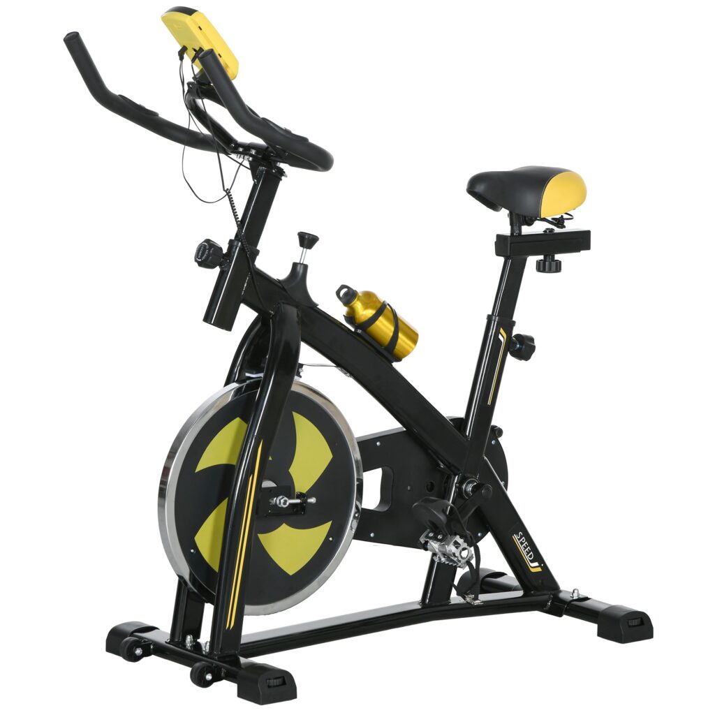 Motionscykel, stille, justerbar modstand, pulsmåler, monitor, gul