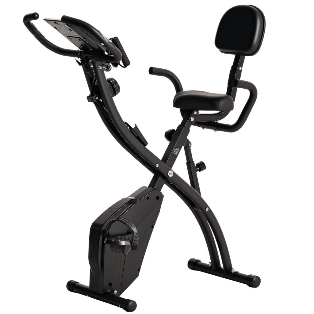 X-bike 2-i-1 motionscykel med lcd-skærm, pulsmåler, foldbar motionscykel med 8 niveauer af magnetisk modstand, 1 par spændereb, stål, sort, 105 x 48 x 118 cm