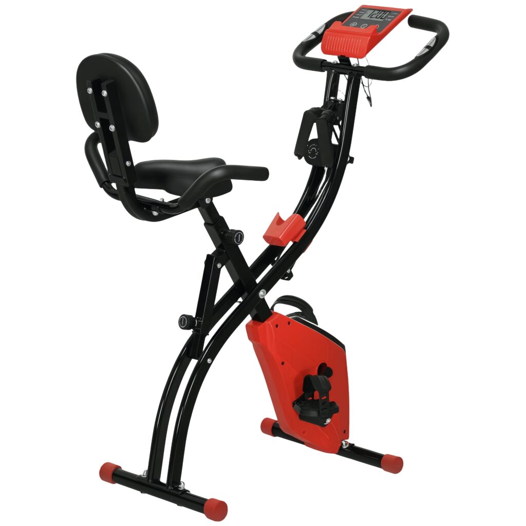 X-bike 2-i-1 motionscykel med lcd-skærm, pulsmåler, foldbar motionscykel med 8 niveauer af magnetisk modstand, 1 par spændereb, stålrød 105 x 48 x 118 cm