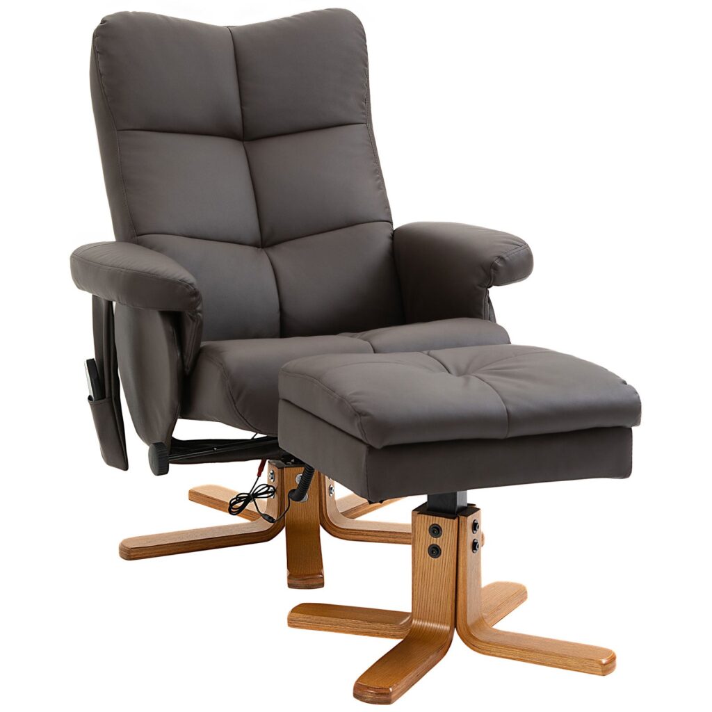 Afslappende lænestol med lænefunktion massagestol med fodskammel tv-stol tv-stol 145° vipbar lænestol ergonomisk stol med 10 vibrationspunkter kunstlæder brun 80 x 86 x 99 cm