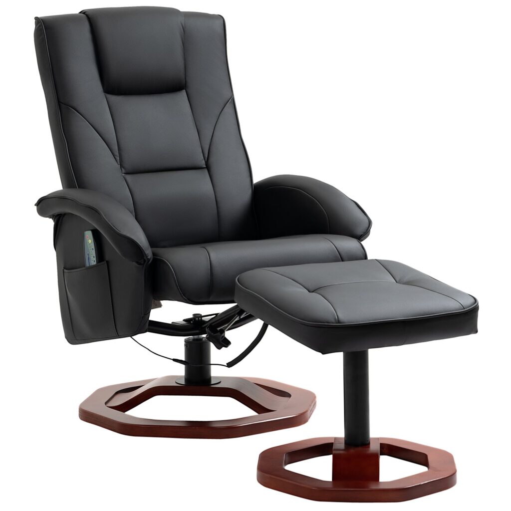 Massagestol med fodskammel, 10 massagepunkter, lænefunktion, roterende sæde, sort, 73 x 83 x 106 cm