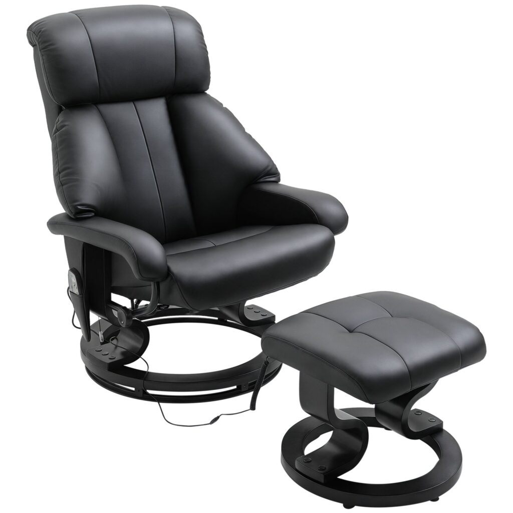 Massagestol med fodskammel, 10 vibrationspunkter, 145° justerbar ryglæn, sort